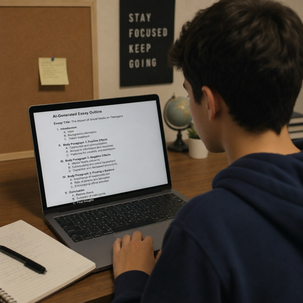 student reviewing an AI-generated essay outline on a laptop