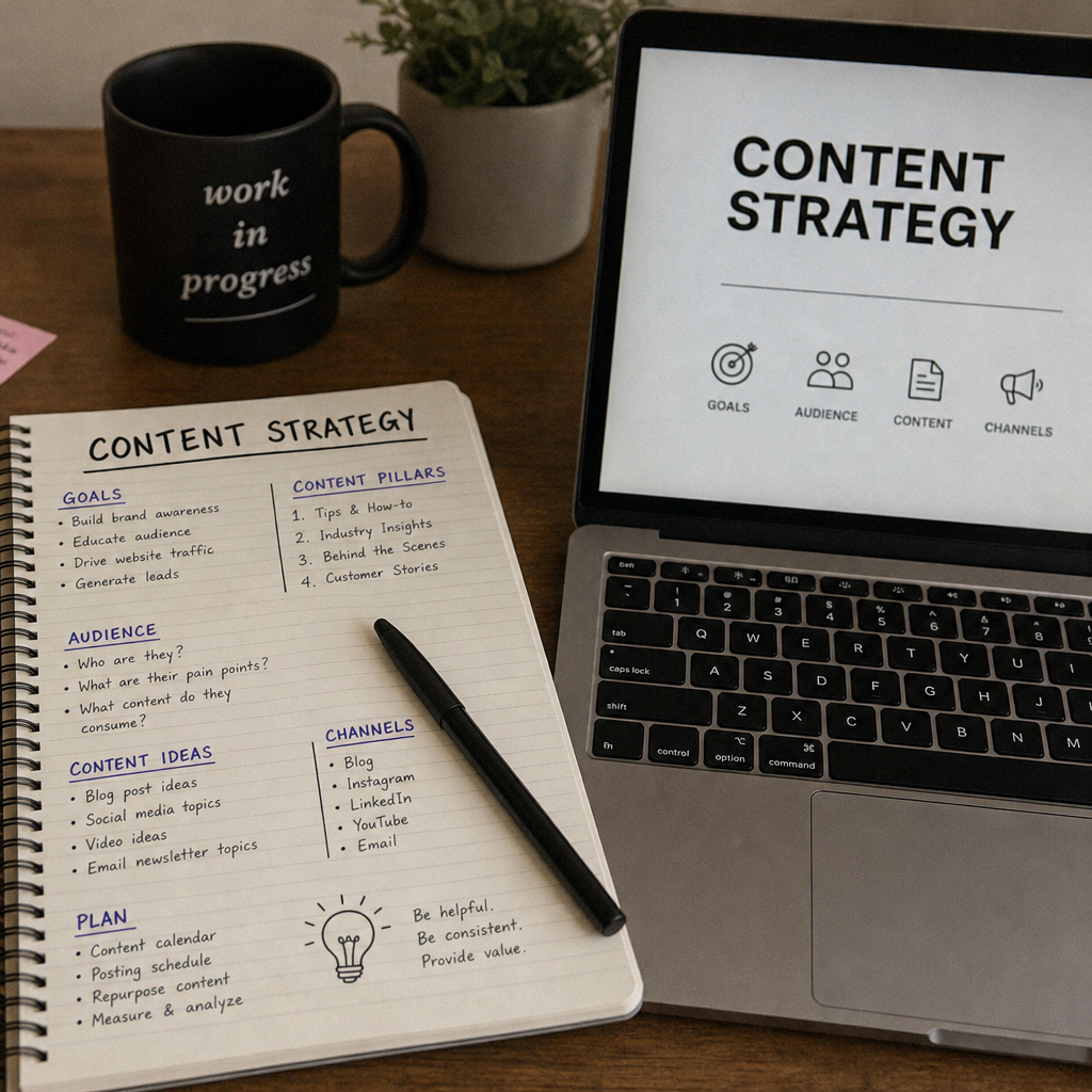 content strategy notes beside a laptop