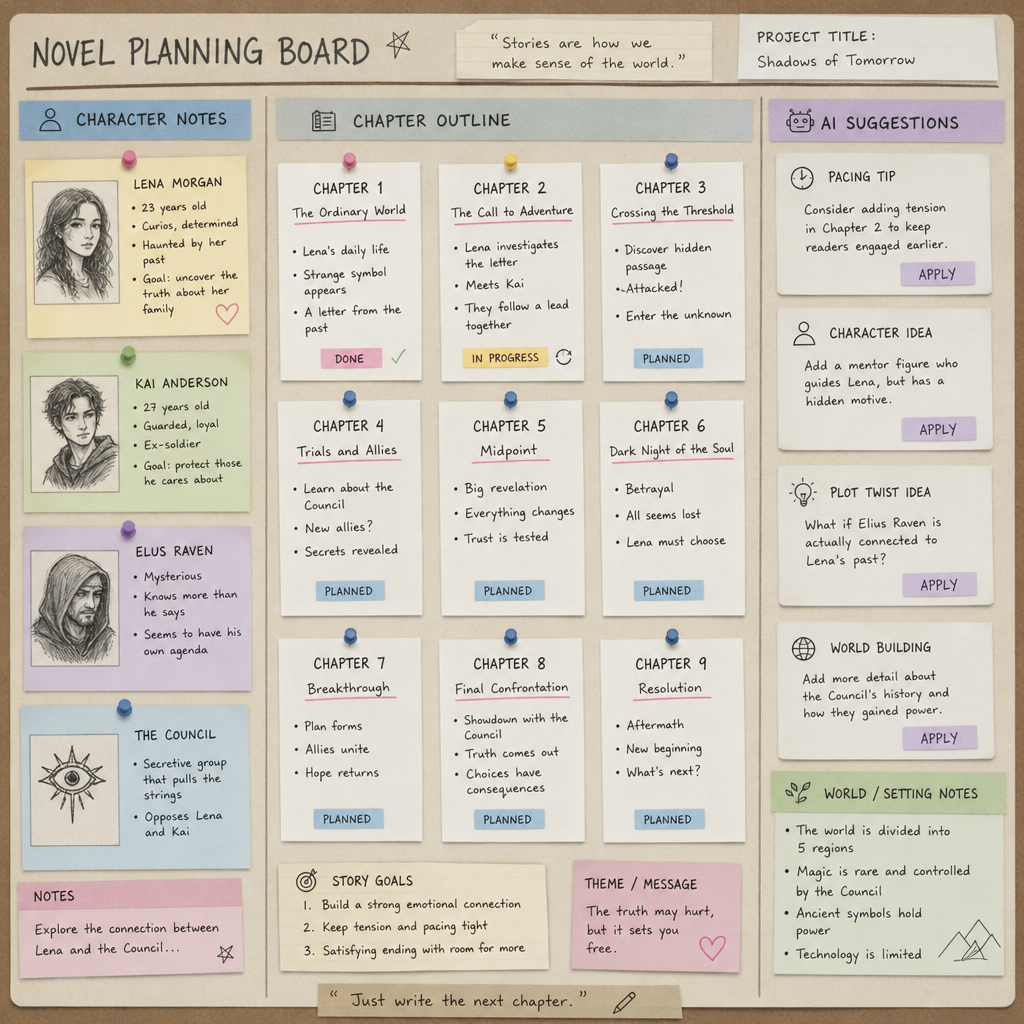 Novel planning board with character notes, chapter cards, and AI suggestions