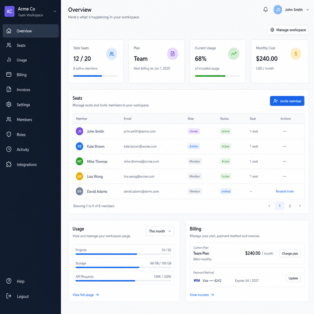 Team workspace dashboard with seats, billing, and usage controls