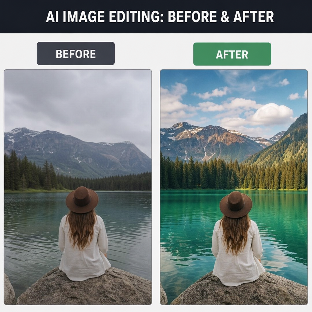 Side-by-side examples of AI image editing before and after