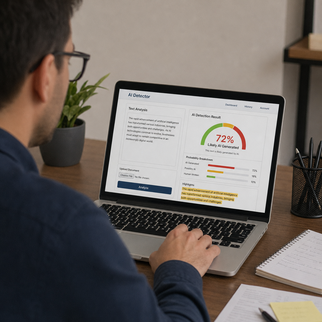 Editor reviewing AI detector results on a laptop