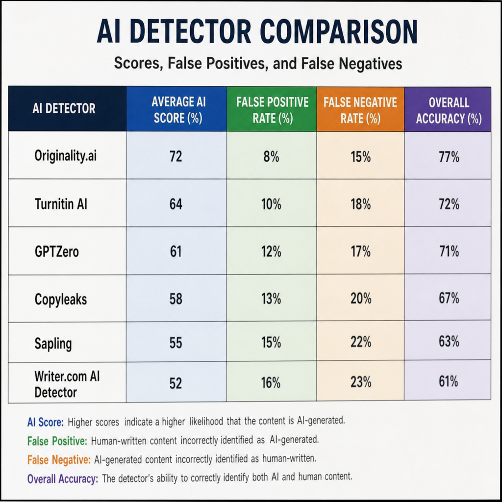 Comparison chart showing AI detector scores, false positives, and false negatives