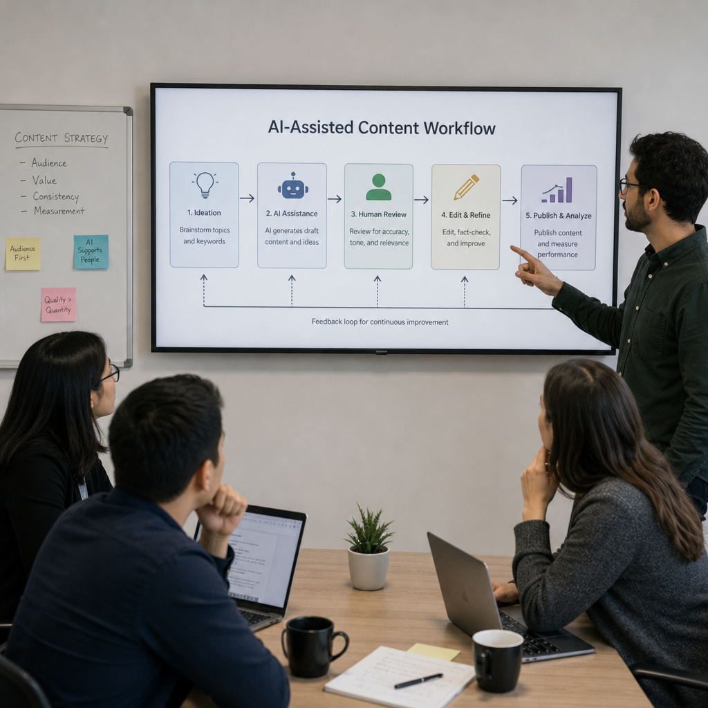 team reviewing AI-assisted content workflow on a screen